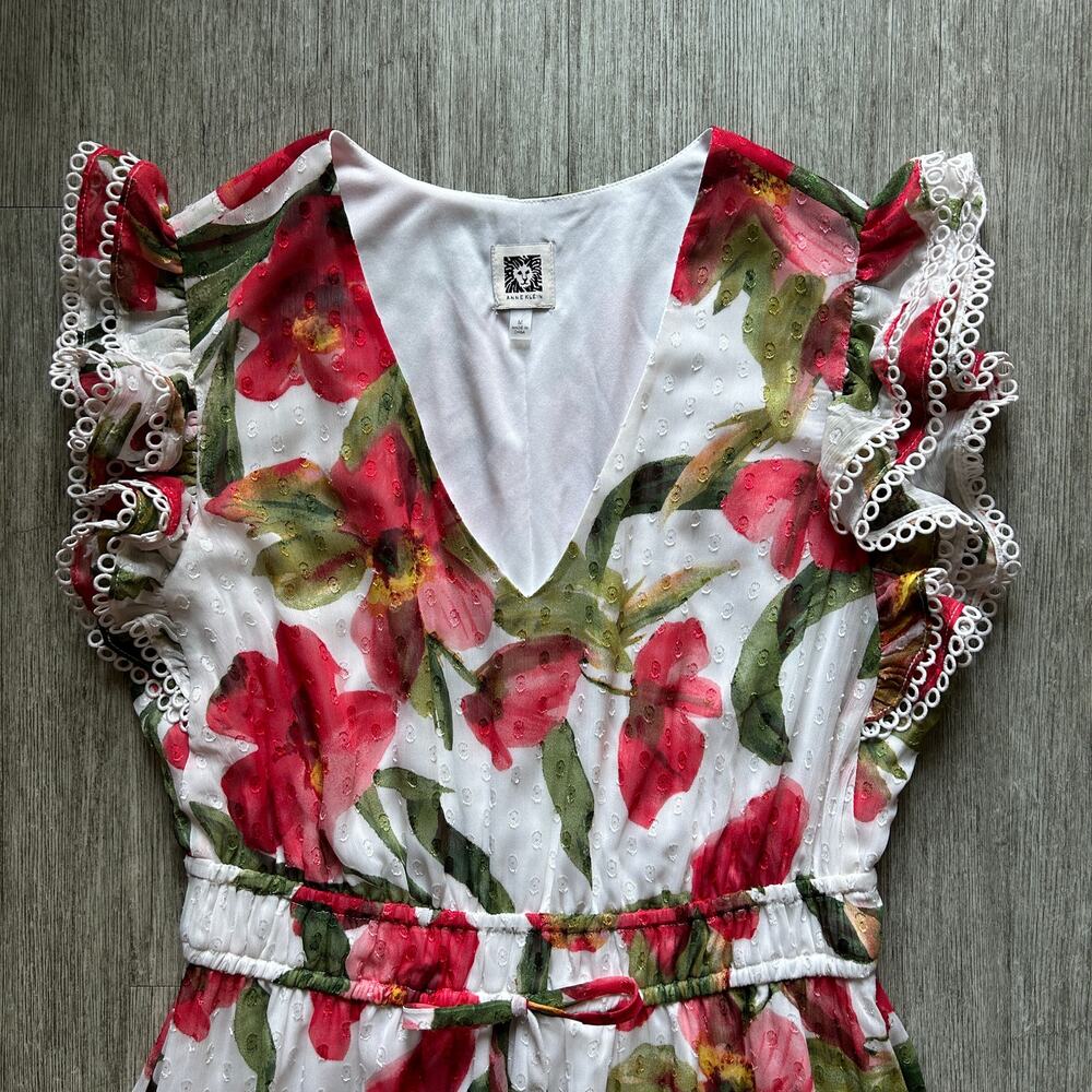 Anne Klein White Red Green Floral Short Sleeve Tier Long Maxi Dress Size Medium - Picture 2 of 11
